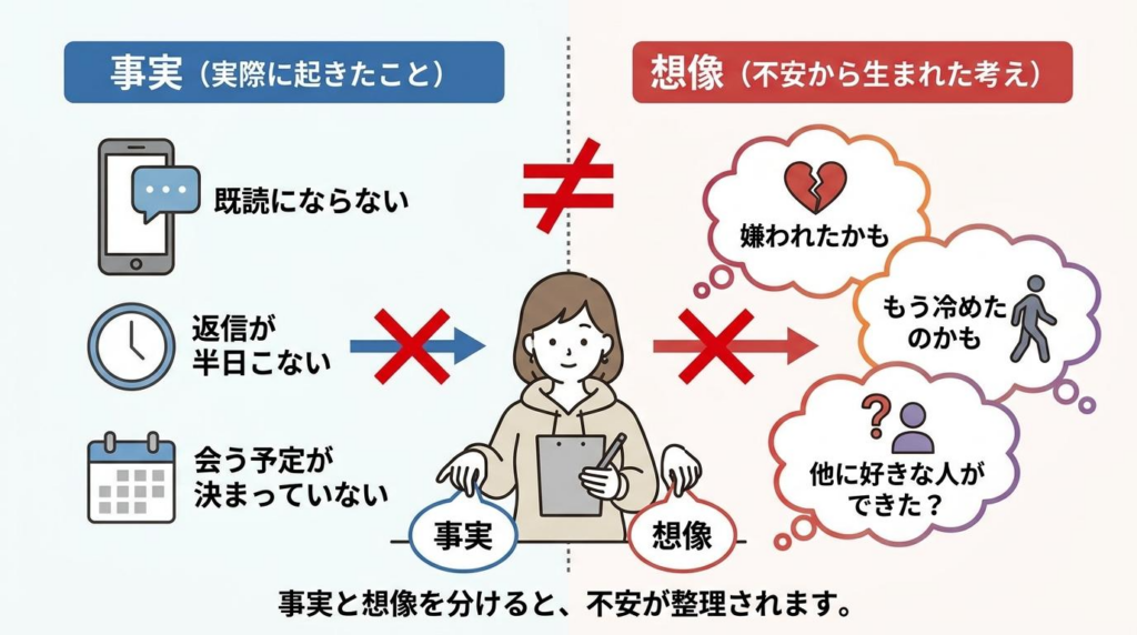 相手の気持ちが分からないときに事実と想像を分ける整理法の図解