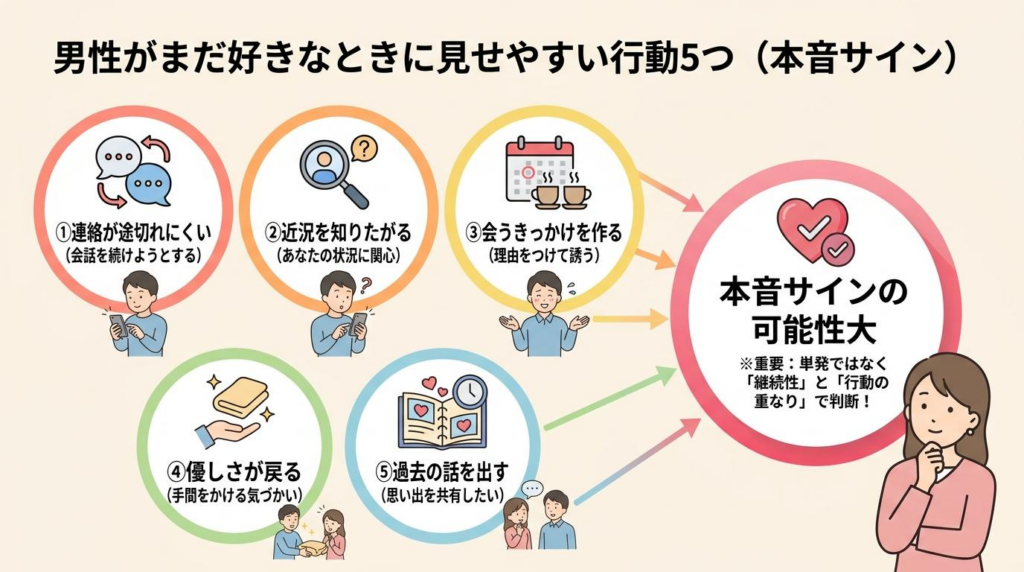 男性がまだ好きな時の5つの行動と本音サインの可能性を示した図解