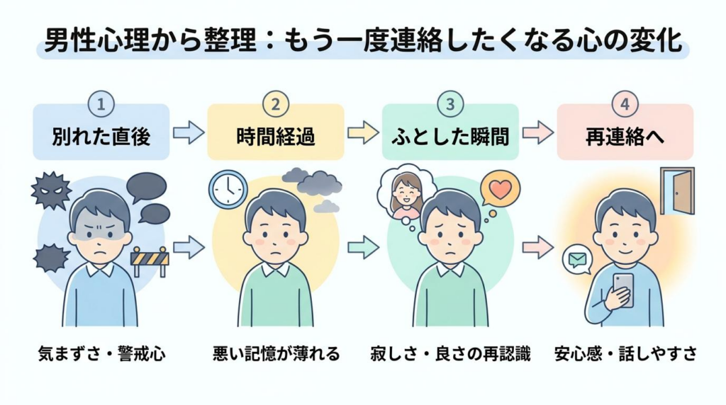 男性がもう一度連絡したくなるまでの心理変化を4ステップで示した図解