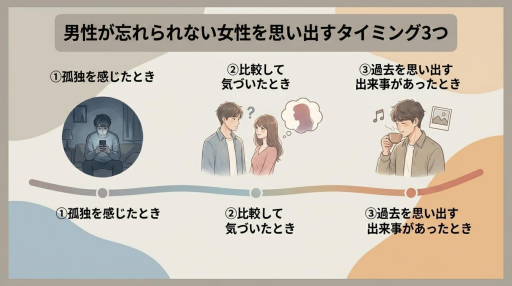 男性が忘れられない女性を思い出すタイミング3つをまとめた図解画像