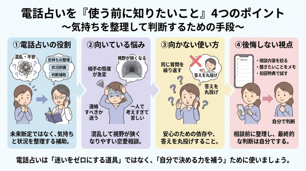 相手の気持ち相談で電話占いを使う前に知りたい4つのポイントの図解