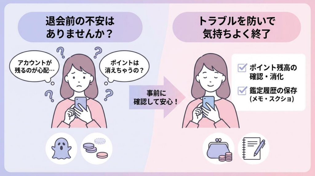 電話占いヴェルニを退会する前にポイント消化と鑑定履歴保存を確認する図解