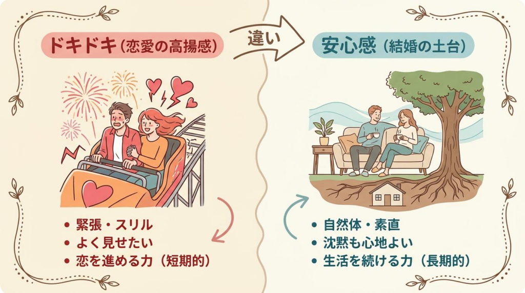 恋愛のドキドキと結婚の安心感の違いを比較した図解
