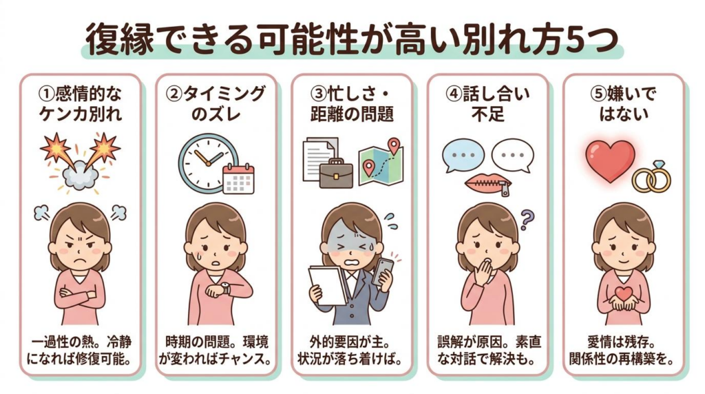 復縁できる可能性が高い別れ方5つを整理した図解