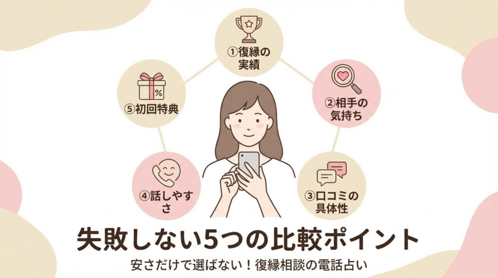 復縁相談の電話占いで失敗しないための5つの比較ポイントを示した図解