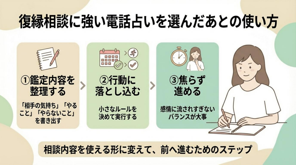復縁相談に強い電話占いを選んだあとの使い方を3ステップで整理した図解