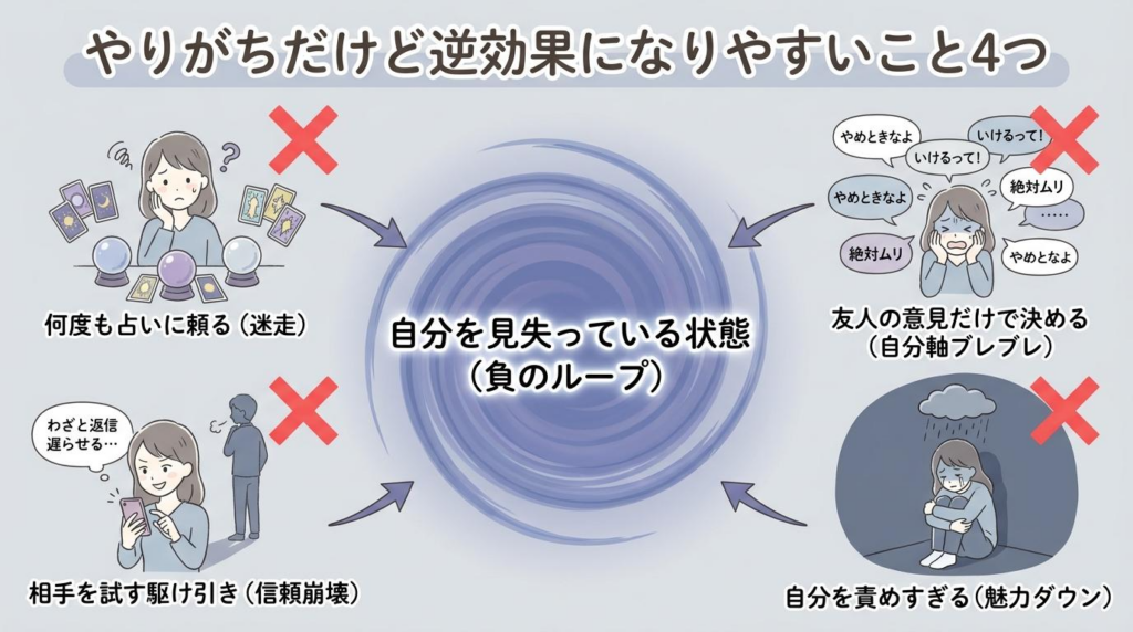 復縁でやりがちだけど逆効果になりやすいこと4つとして、占い依存、友人の意見だけで決めること、相手を試すこと、自分を責めすぎることを示した図解