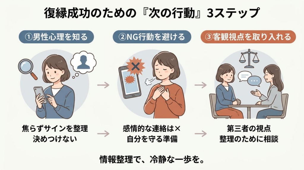 復縁成功のために男性心理を知りNG行動を避け客観視する3ステップの図解