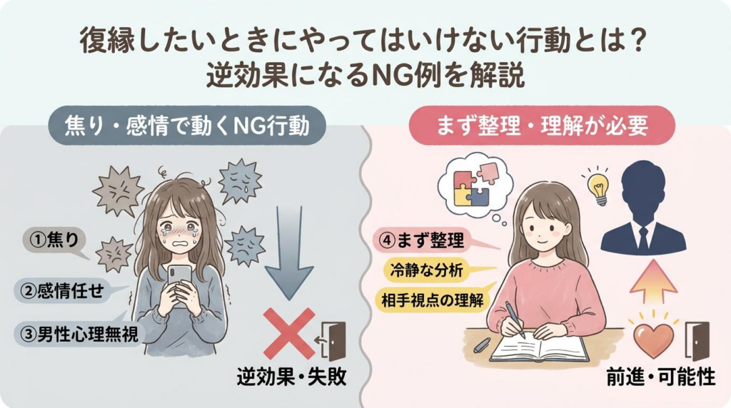 復縁で焦りや感情で動くNG行動と、まず整理や相手理解が必要な理由を対比で示した図解