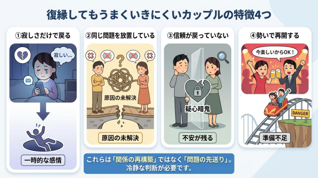復縁してもうまくいきにくいカップルの特徴として寂しさや未解決の問題などを示した図解