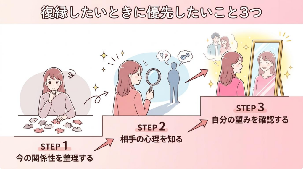 復縁したいときに優先したいこと3つとして、今の関係性の整理、相手の心理の理解、自分の望みの確認を3ステップで示した図解