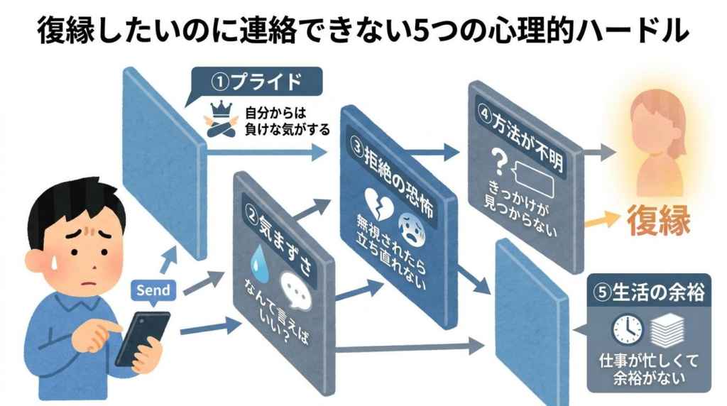 復縁したいのに連絡できない男性心理としてプライドや気まずさなど5つの理由を整理した図解