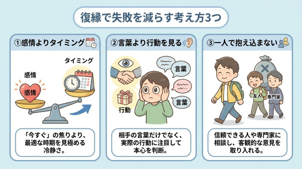 復縁で失敗を減らす考え方として、感情よりタイミング、言葉より行動、一人で抱え込まないの3つをまとめた図解