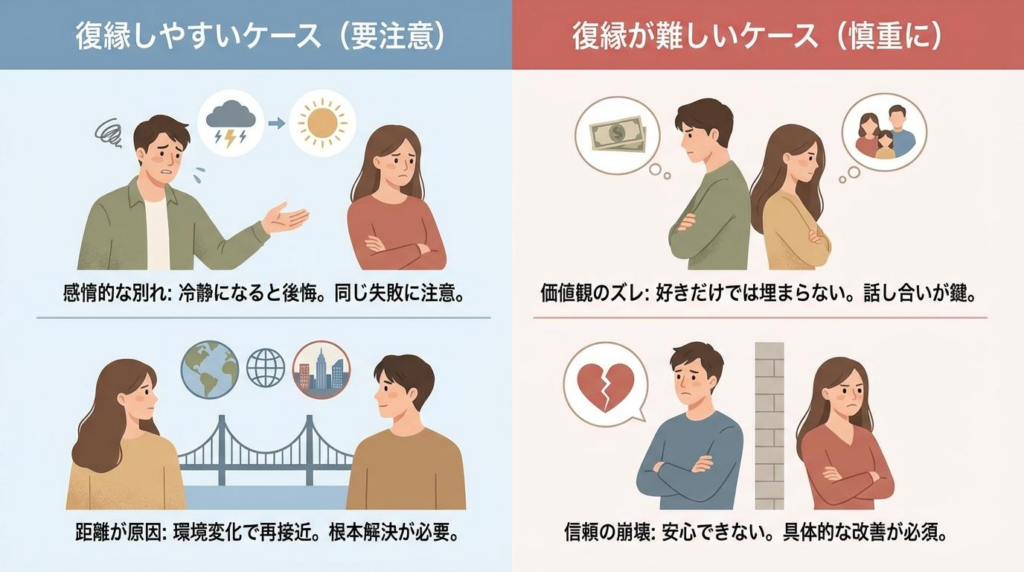 復縁しやすいケースと難しいケースの違いを比較した図解