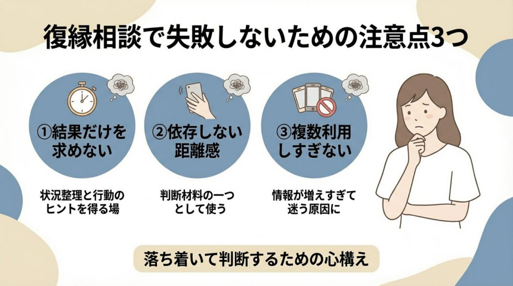復縁相談で電話占いを使うときに失敗しないための注意点を3つまとめた図解