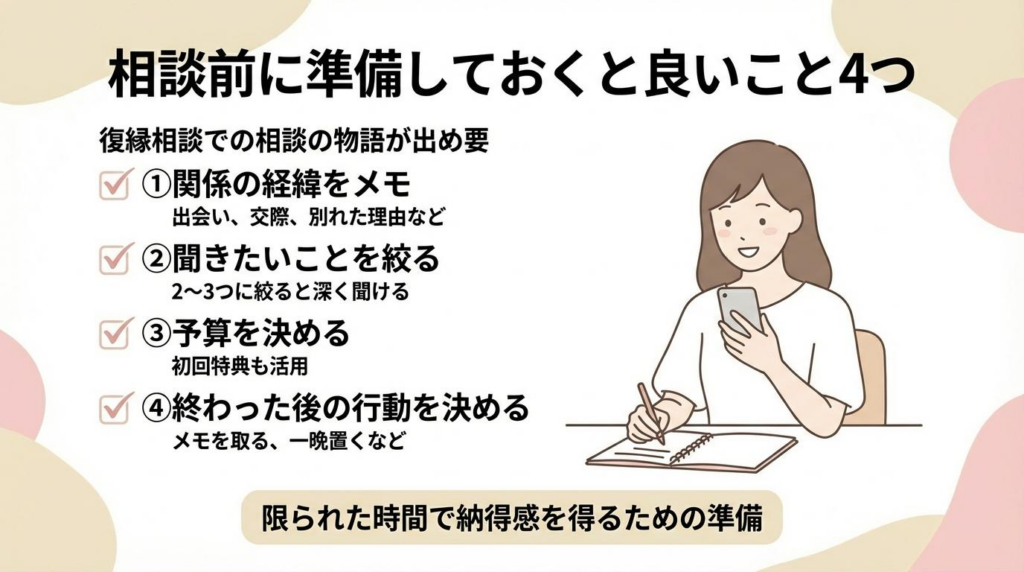 復縁相談の前に準備しておくと良いことを4つにまとめた図解