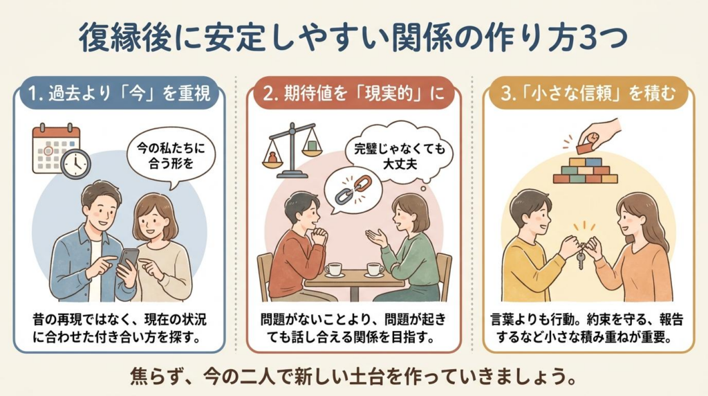 復縁後に安定しやすい関係を作るために今を重視し期待値を現実的にして信頼を積む図解