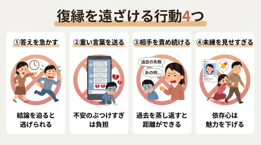 復縁を遠ざける行動4つを解説した図解