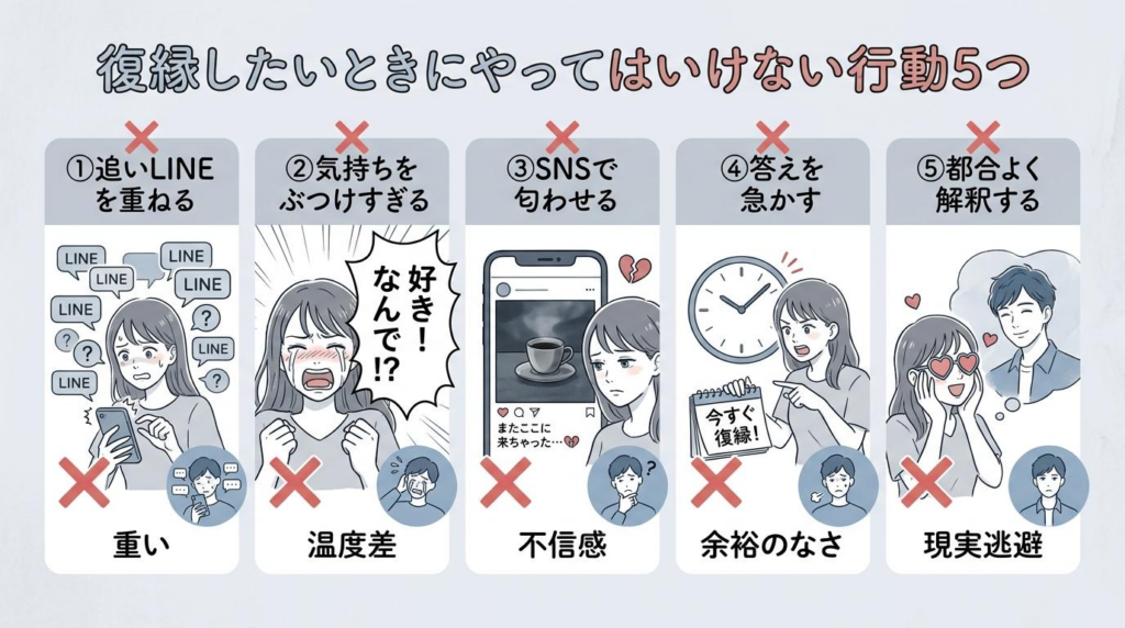 復縁したいときにやってはいけない行動5つとして、追いLINE、気持ちのぶつけすぎ、SNSの匂わせ、答えの催促、都合のよい解釈をまとめた図解