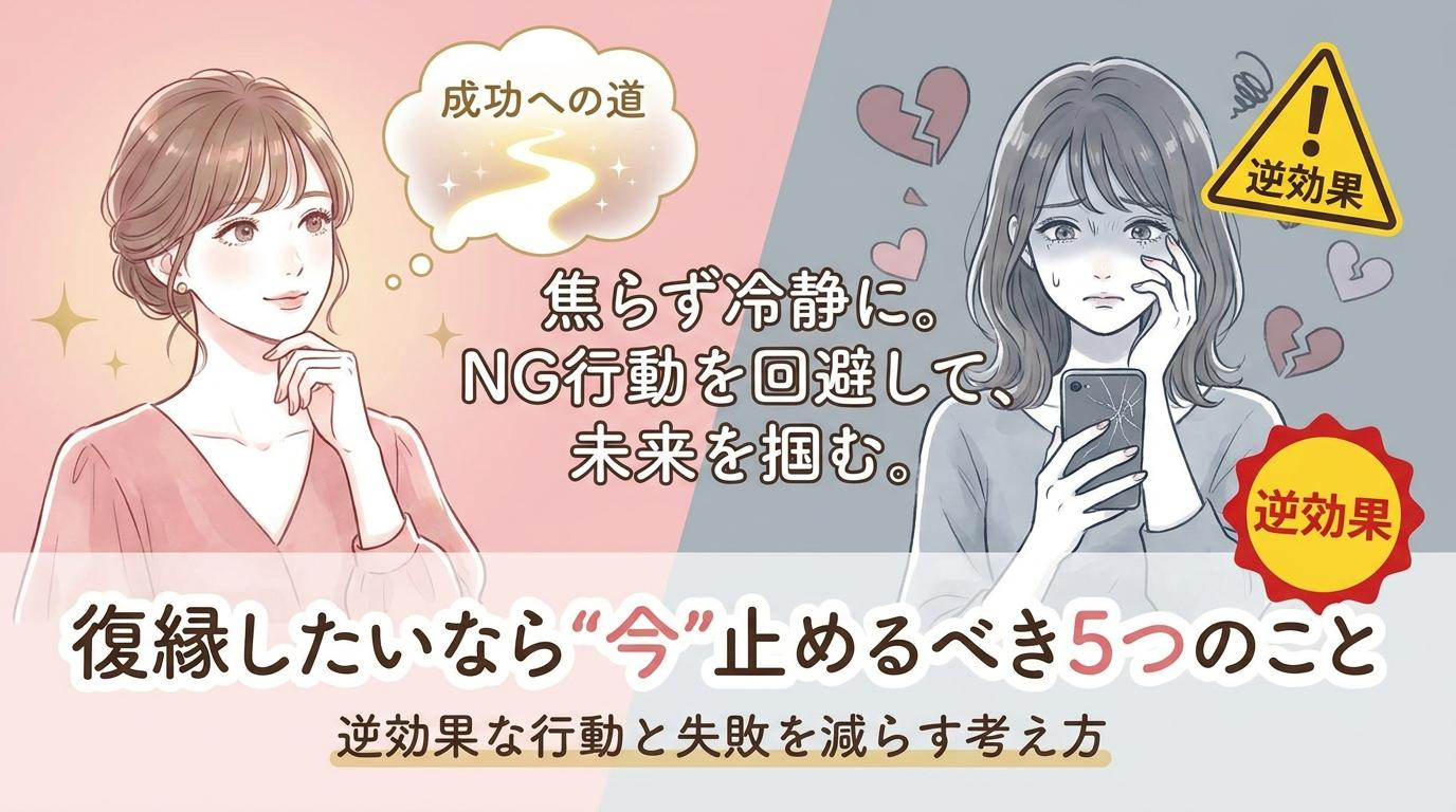 復縁したい人に向けて、焦らず冷静にNG行動を避ける大切さを示したアイキャッチ画像