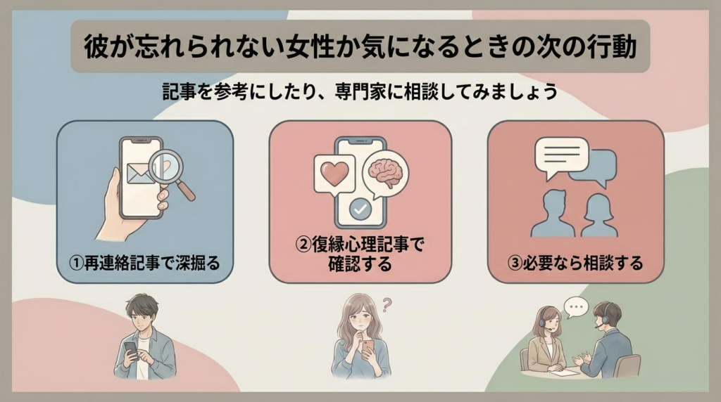 彼が忘れられない女性か気になるときの次の行動をまとめた図解画像