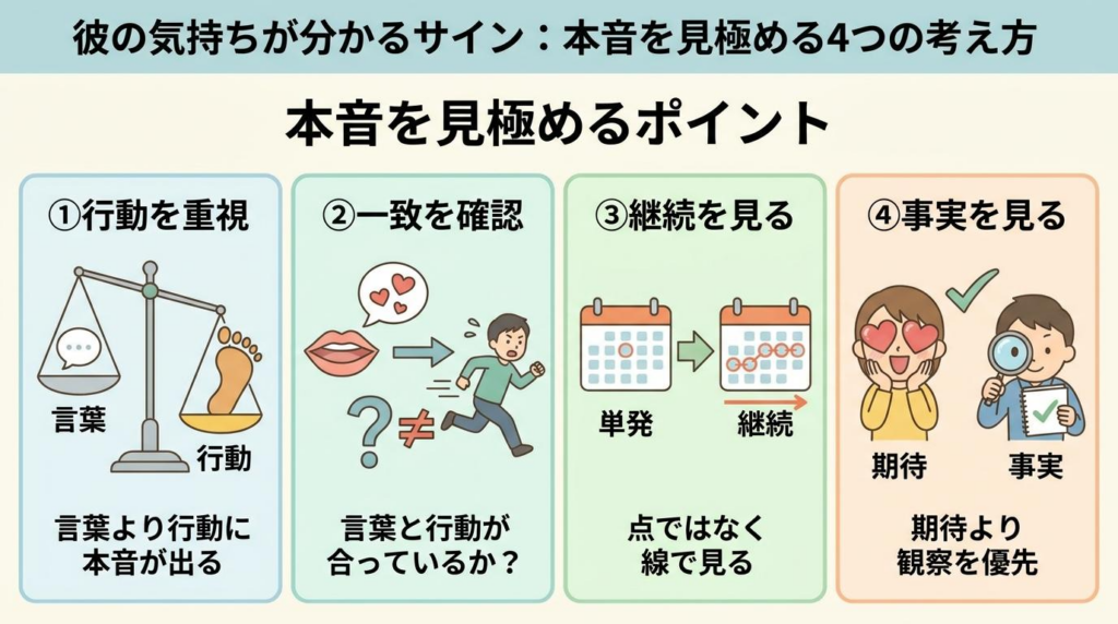 彼の気持ちが分かるサインを、行動重視・一致・継続・事実の4つで整理した図解