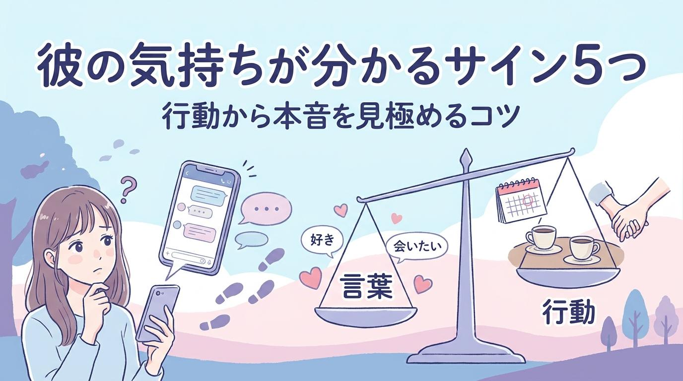 彼の気持ちが分かるサイン5つを、言葉より行動で見極めるイメージ図