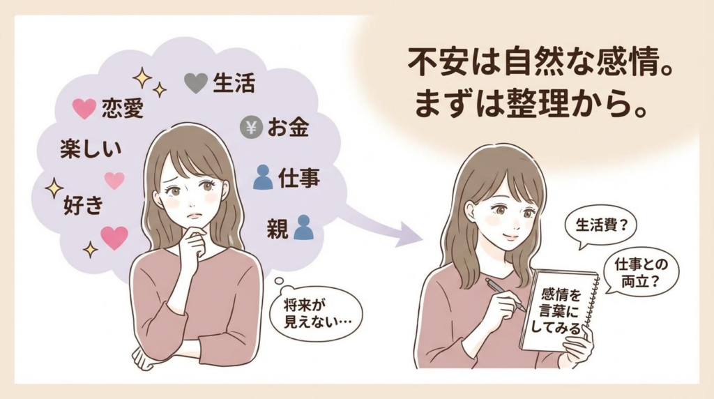 結婚への不安を自然な感情として受け止め、言葉にして整理する流れを示した図解