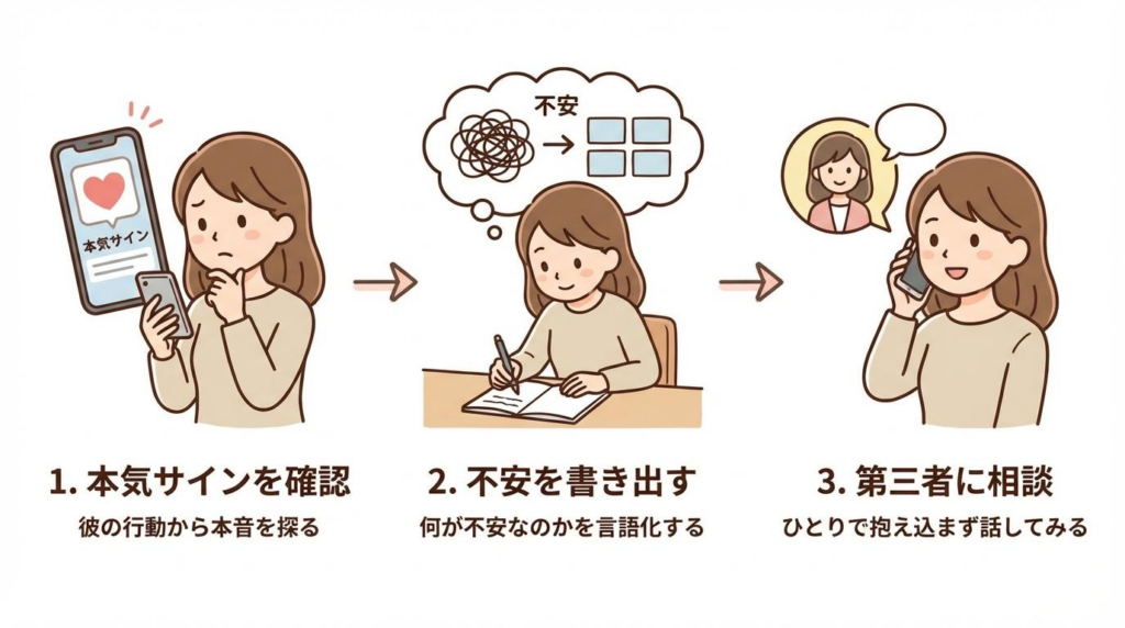 結婚できるか迷ったときに、本気サイン確認、不安の整理、第三者への相談を行う3ステップ図解