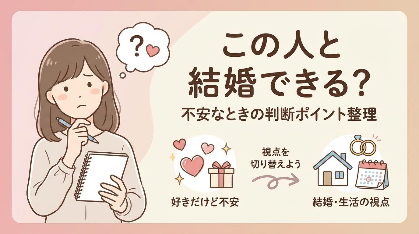 この人と結婚できるか不安な女性が、恋愛の視点から結婚と生活の視点へ切り替えるイメージ
