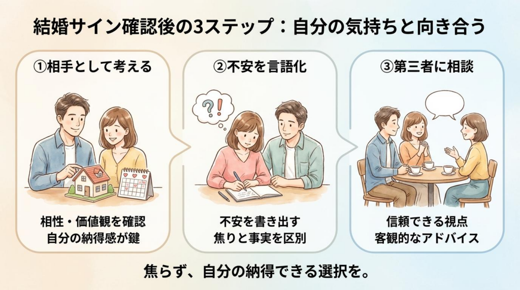 結婚サインを確認したあとに相手との相性確認と不安の言語化と第三者への相談を整理した図解