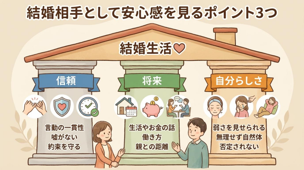 結婚相手として安心感を見るポイントである信頼・将来・自分らしさを整理した図解