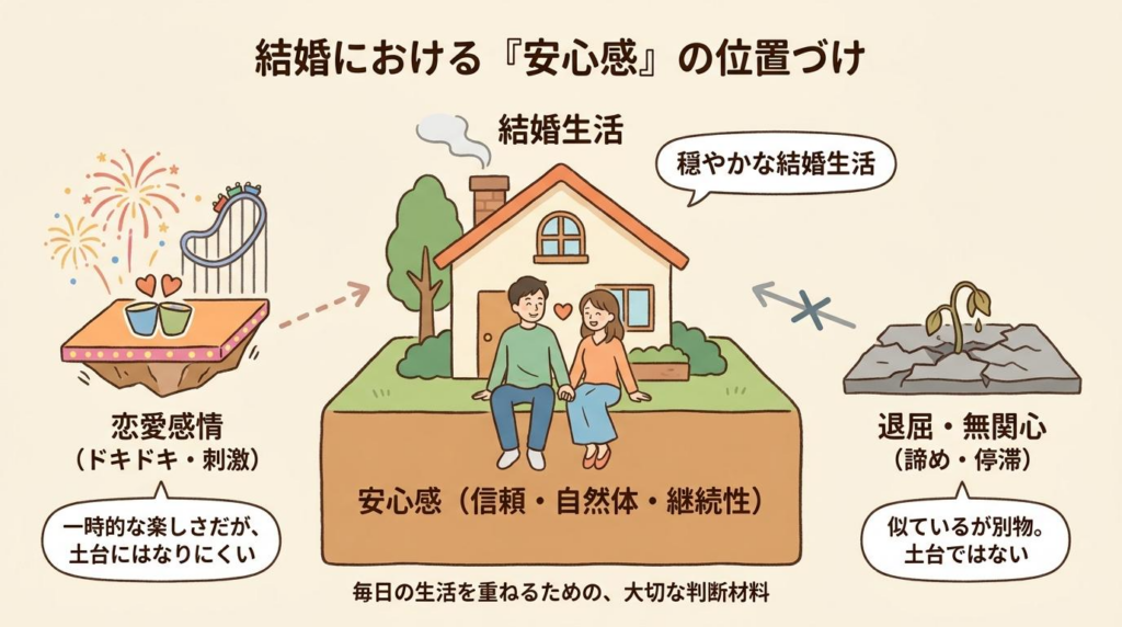 恋愛感情や退屈と比較して結婚における安心感の位置づけを説明した図解