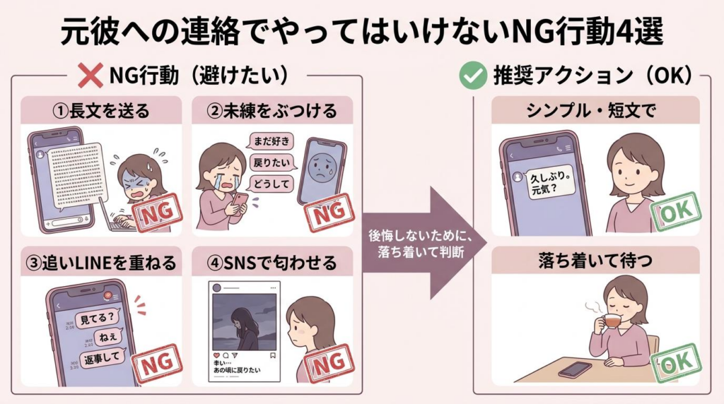 元彼への連絡でやってはいけないNG行動4選と推奨アクションの図解