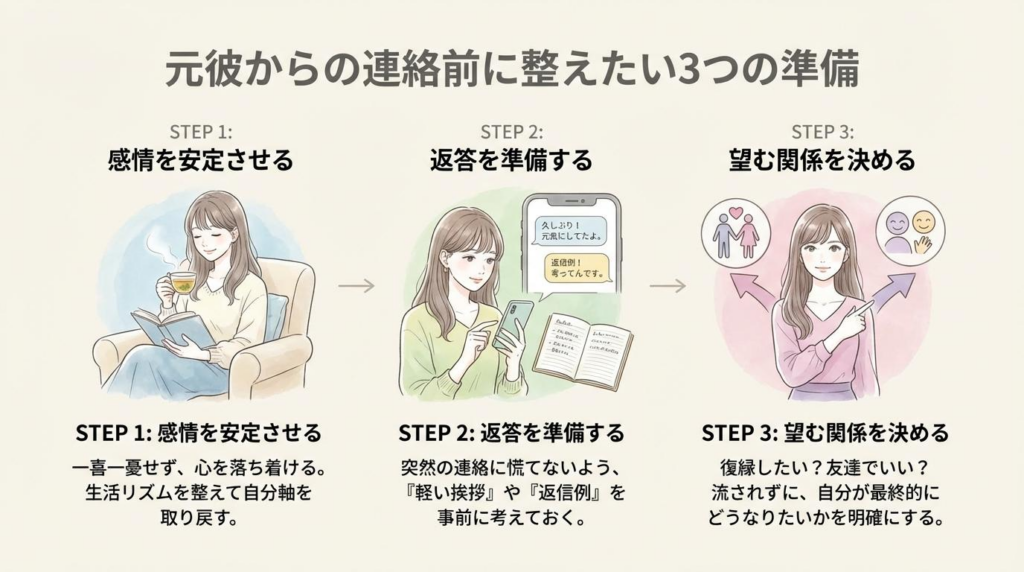 元彼からの連絡前に整えたい感情整理と返答準備と関係の決め方を示した図解
