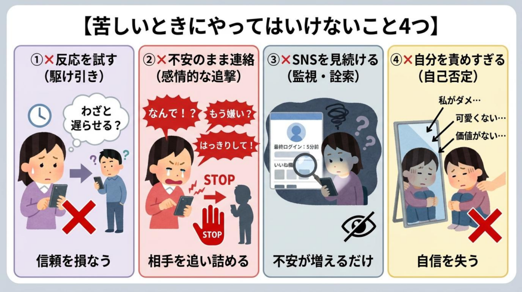 恋愛不安で苦しいときにやってはいけない行動4つをまとめた図解