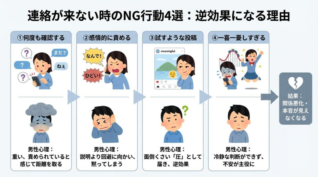 連絡が来ないときにやってはいけないNG行動4選と、逆効果になる理由をまとめた図解