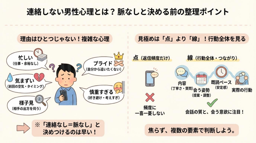 連絡しない男性心理の理由と、脈なしと決めつける前の見極めポイントをまとめた図解