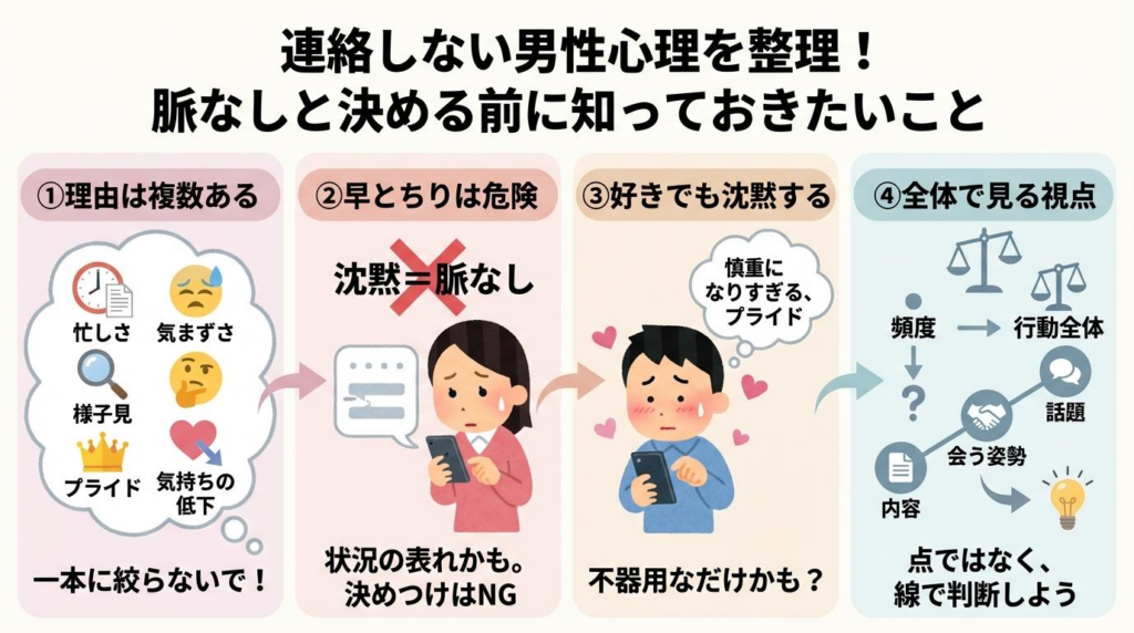 連絡しない男性心理を整理し、脈なしと決める前に知っておきたいことを4つに分けてまとめた図解