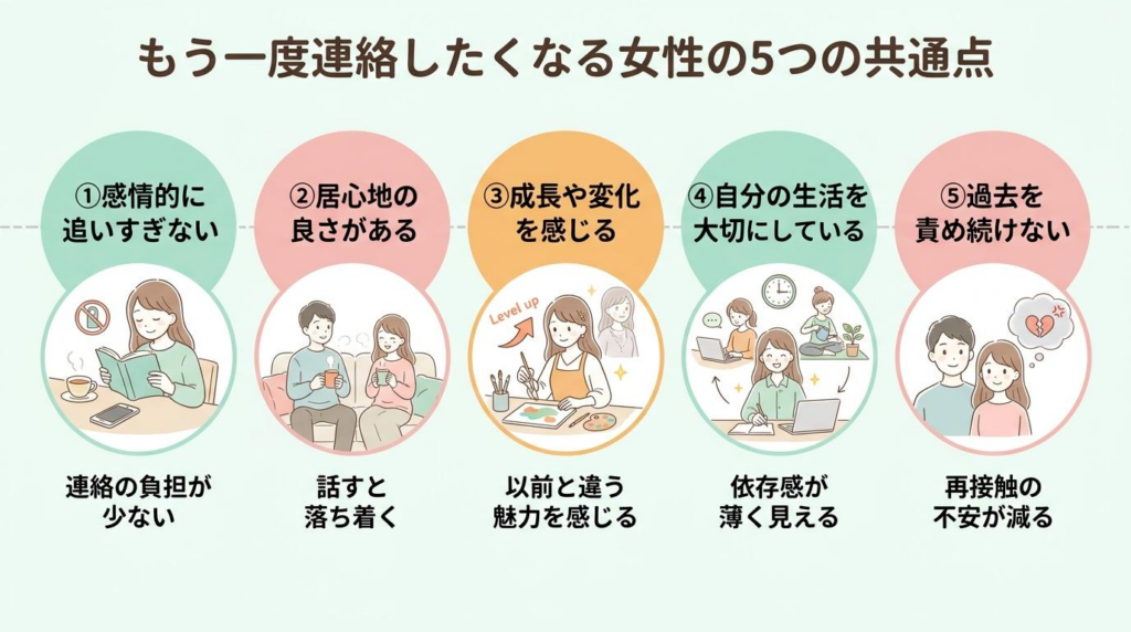 もう一度連絡したくなる女性の5つの共通点を整理した図解