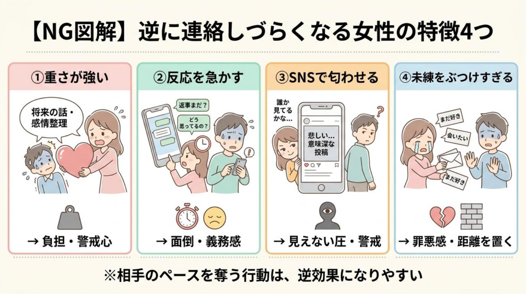 逆に連絡しづらくなる女性のNG行動4つをまとめた図解