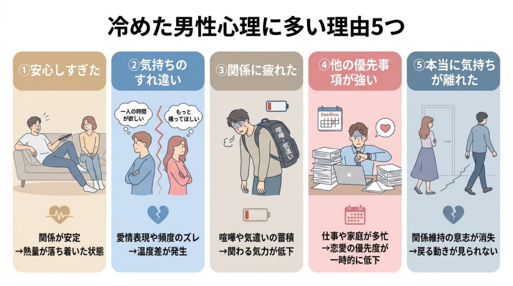 冷めた男性心理に多い5つの理由を整理した図解。安心しすぎた、気持ちのすれ違い、関係に疲れた、他の優先事項が強い、本当に気持ちが離れた理由を紹介している。