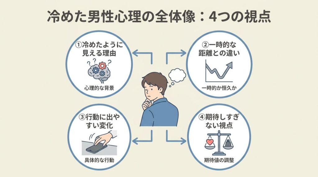 冷めた男性心理の全体像を4つの視点で整理した図解。冷めたように見える理由、一時的な距離との違い、行動の変化、期待しすぎない視点をまとめている。