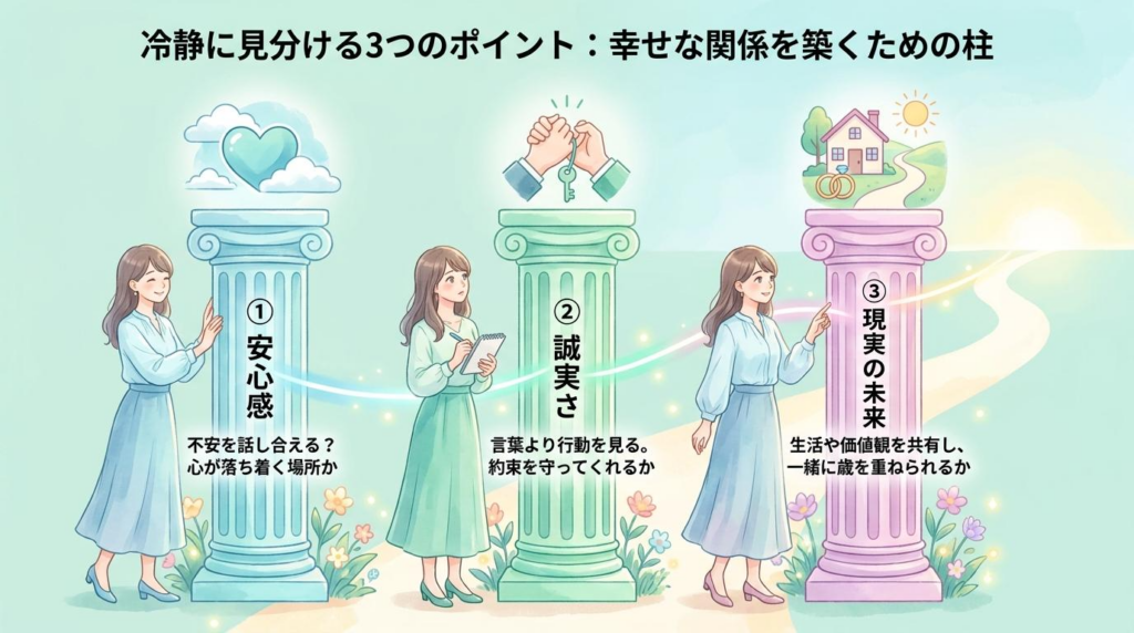ツインレイか迷うときに安心感・誠実さ・現実の未来で見分ける図解