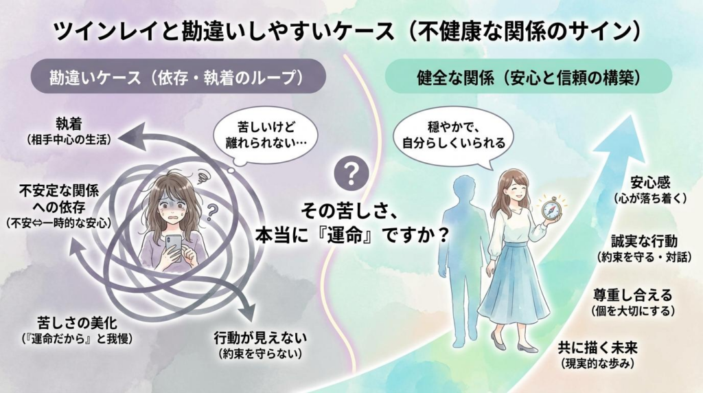 ツインレイと勘違いしやすい不健康な関係のサインを解説する図解