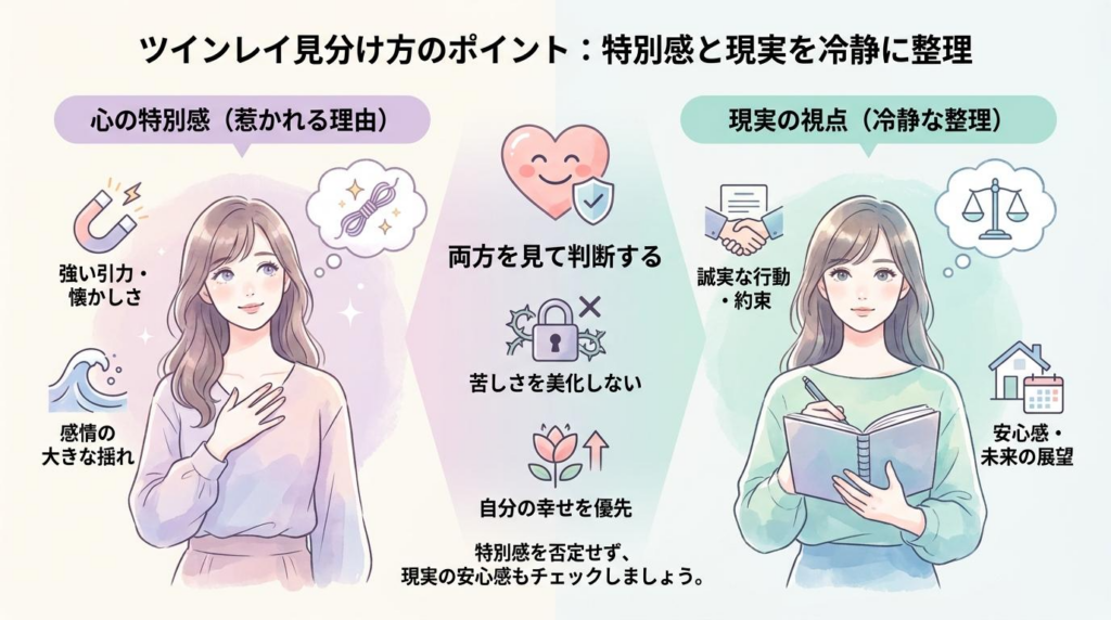 ツインレイの特別感と現実の視点を分けて冷静に見分けるポイントの図解