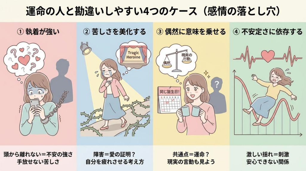 運命の人と勘違いしやすい4つのケースを感情の落とし穴として整理した図解