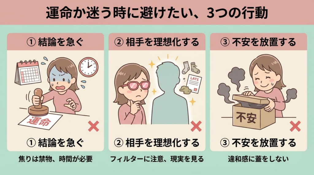 運命か迷うときに避けたい3つの行動を解説した図解