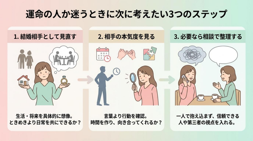 運命の人か迷うときに次に考えたい3つのステップをまとめた図解