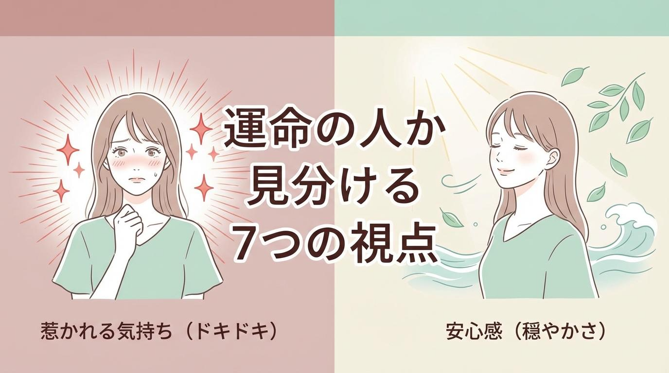 運命の人か見分ける7つの視点を、惹かれる気持ちと安心感の対比で示したアイキャッチ画像